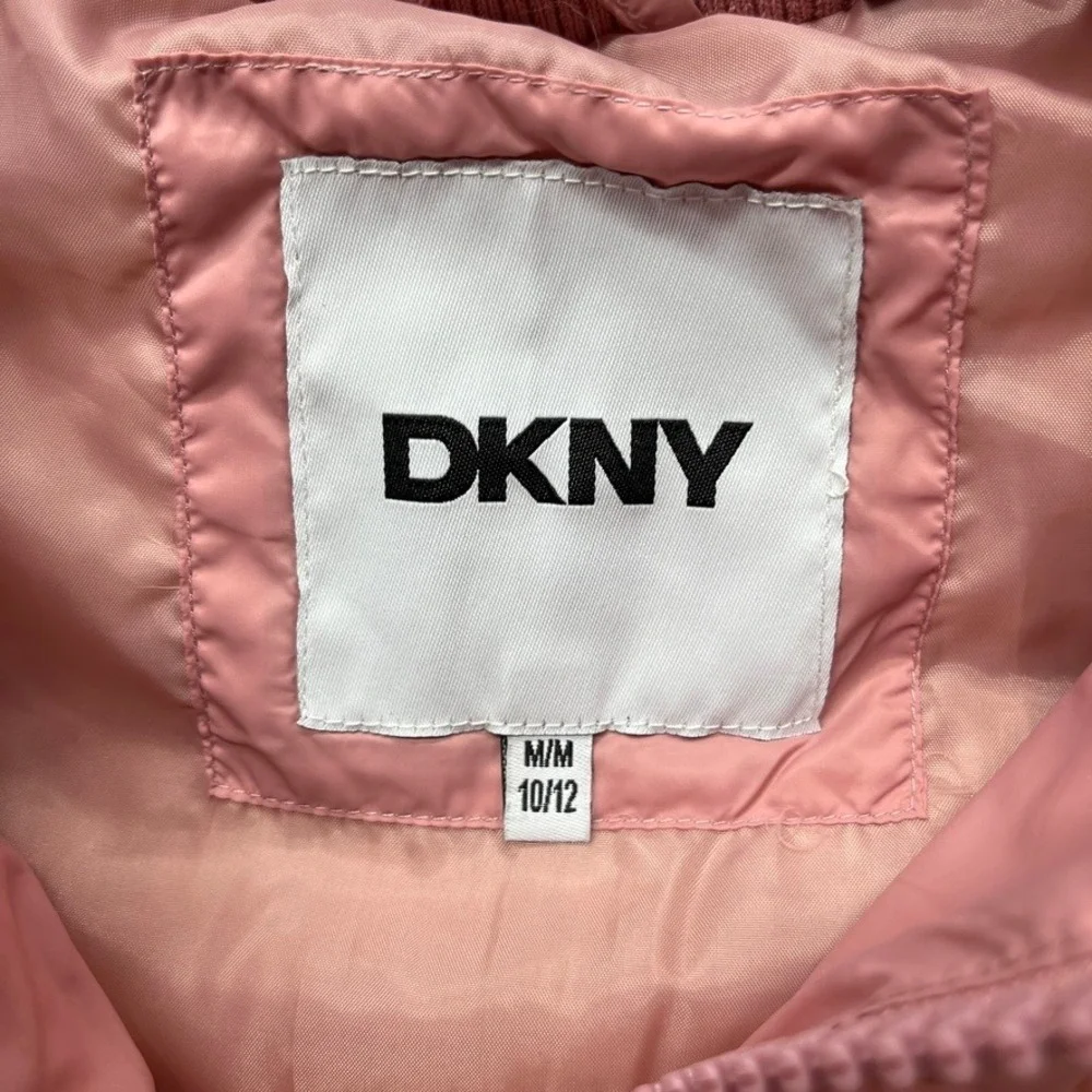DKNY Girls Pink Puffer Jacket Faux Leather Sleeves Size 10/12 Y2K Streetwear